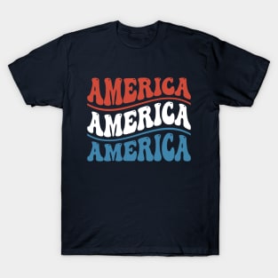 America Wavy Groovy Font Red White and Blue T-Shirt